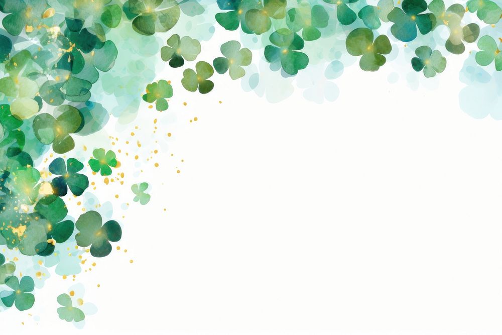 Background made of green four-leaf clover leaves and gold round confetti backgrounds plant day.