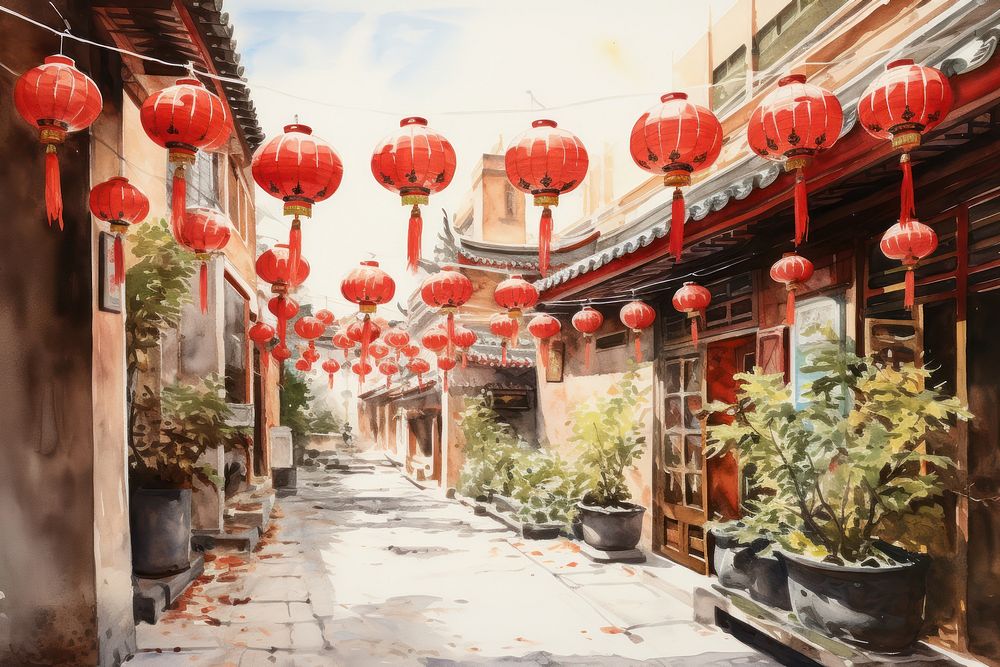 Water color painting of Red lanterns hang across the courtyard festival street city. AI generated Image by rawpixel.