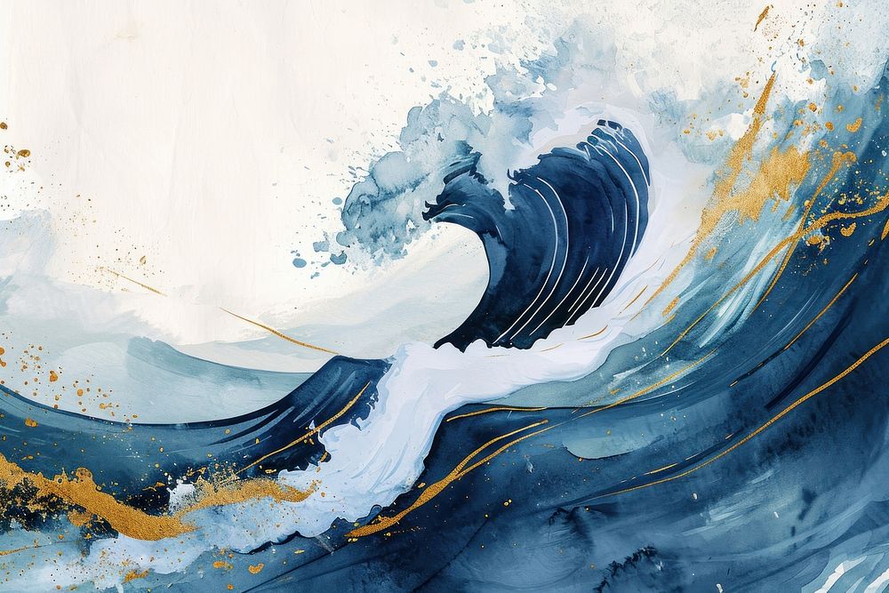 Watercolor illustration of wave painting outdoors nature.