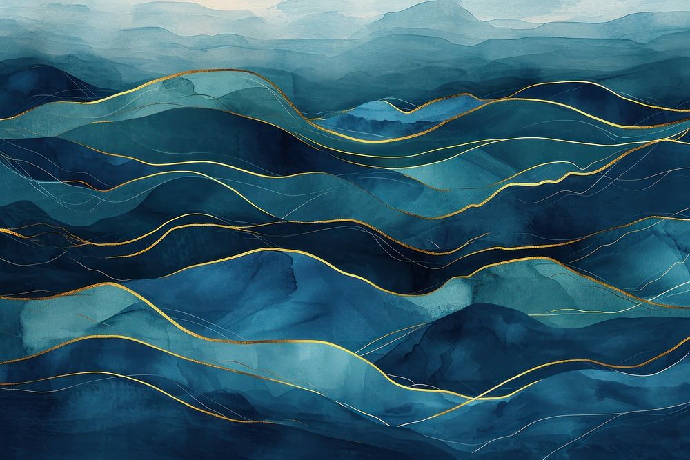Watercolor illustration of wave nature line blue.