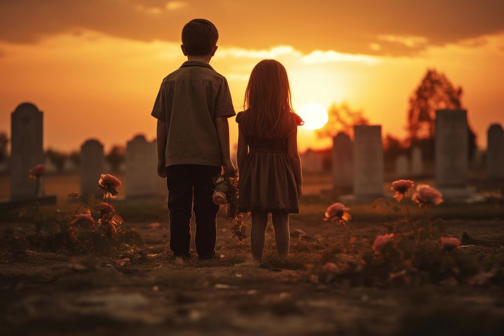 Brother with sister standing on cemetery at sunset child outdoors sky.