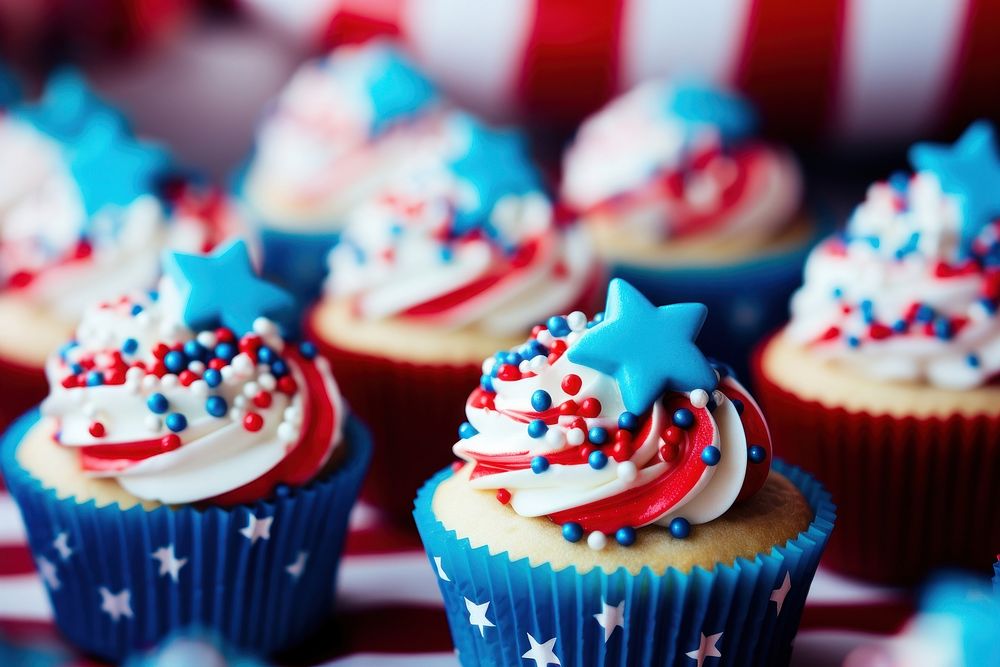Cup cakes decorated in red white and blue for 4th July celebration cupcake dessert icing.