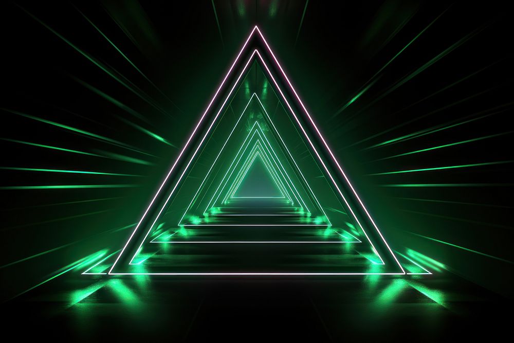 Green technology light effect synthwave tunnel triangle grid.