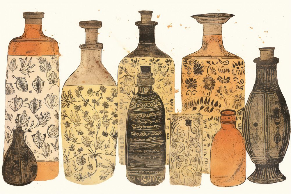 Illustratio the 1970s of essential oils pottery bottle vase.