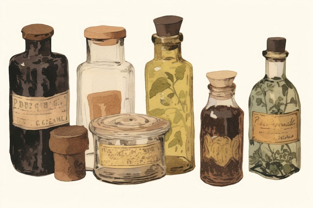 Illustratio the 1970s of essential oils bottle jar container.