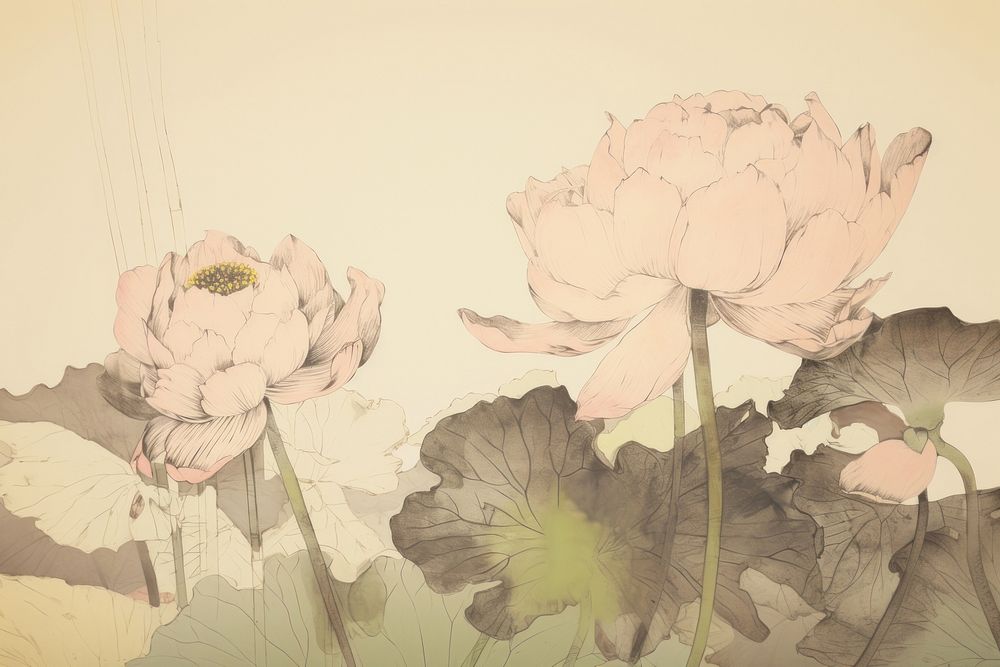 Illustratio the 1970s of lotus painting drawing flower.