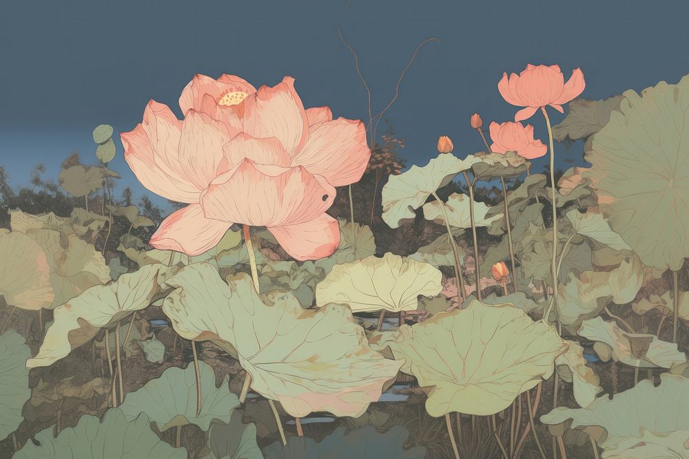 Illustratio the 1970s of lotus painting flower plant.