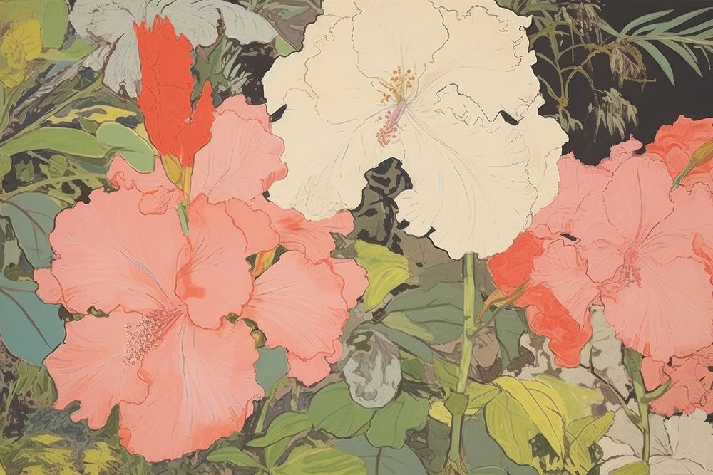 Illustratio the 1970s of tropical flower painting plant petal.
