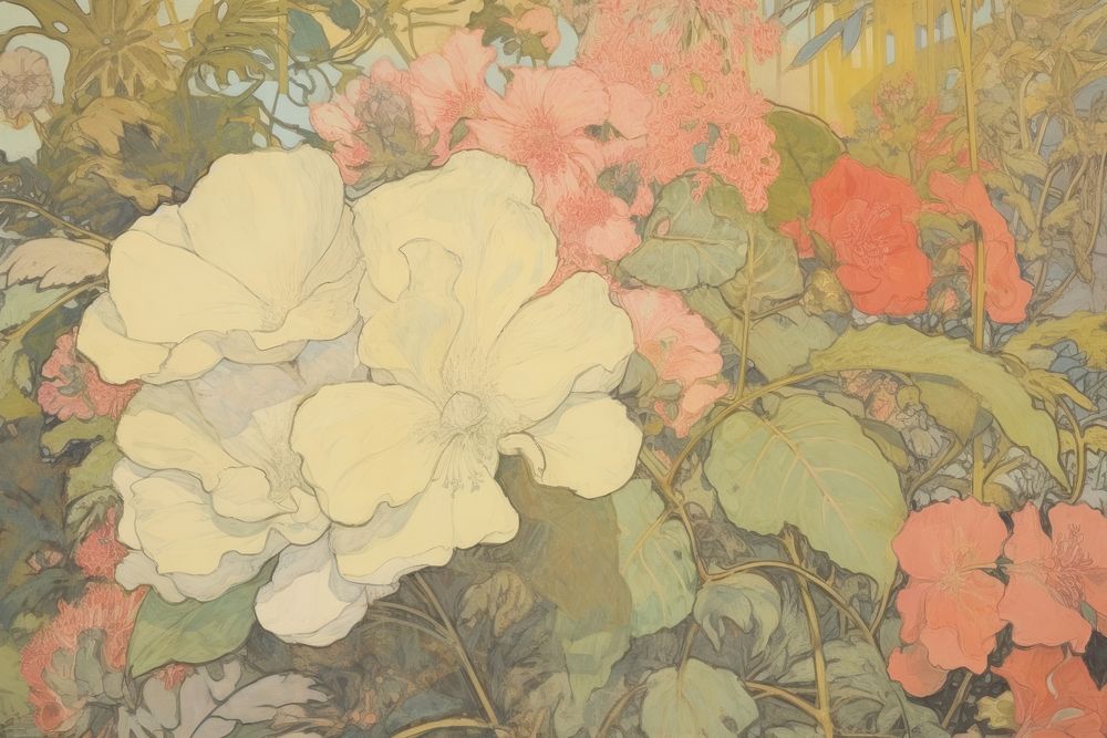 Illustratio the 1970s of tropical flower painting plant art.