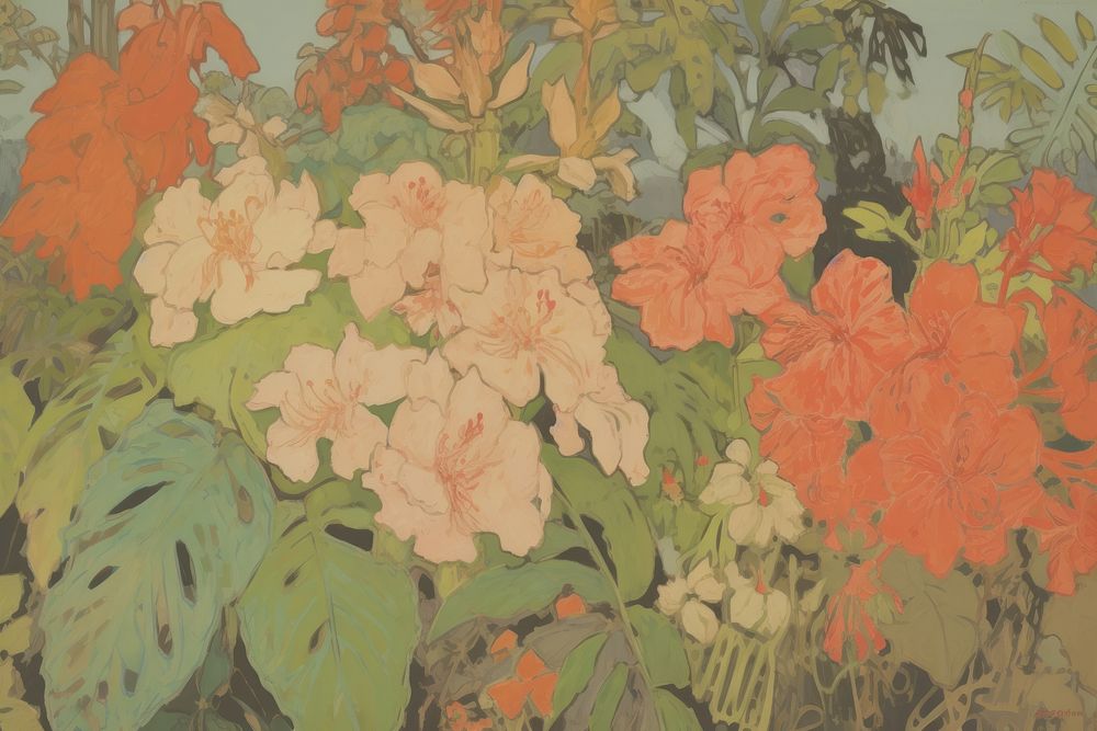Illustratio the 1970s of tropical flower painting pattern plant.