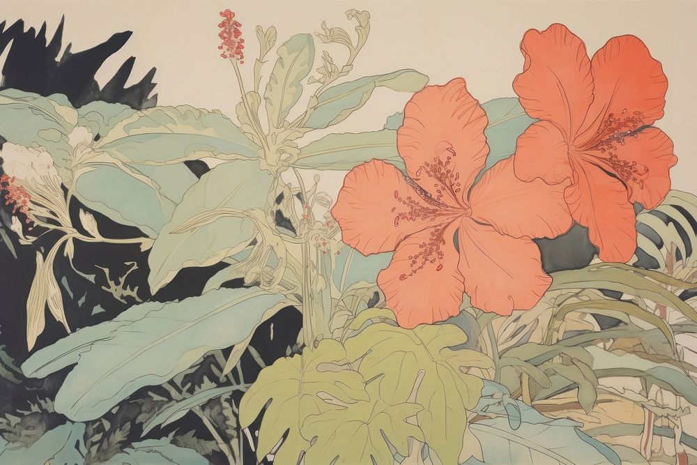 Illustratio the 1970s of tropical flower hibiscus painting plant.
