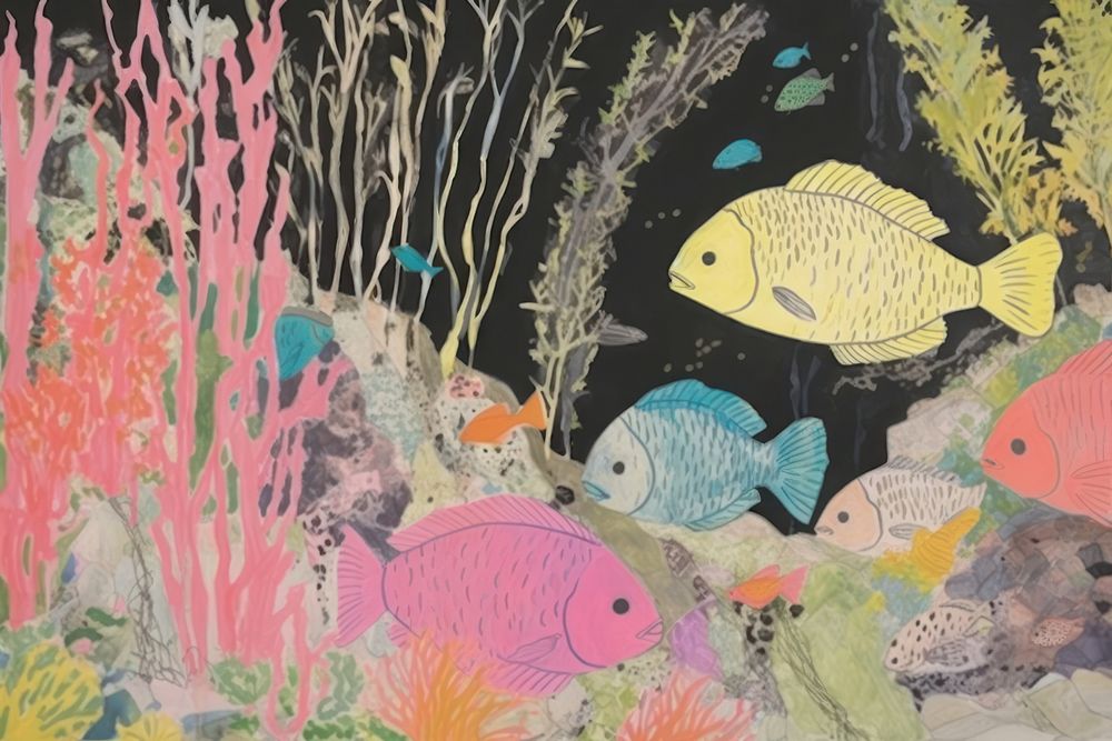 Illustratio the 1970s of underwater outdoors painting nature.