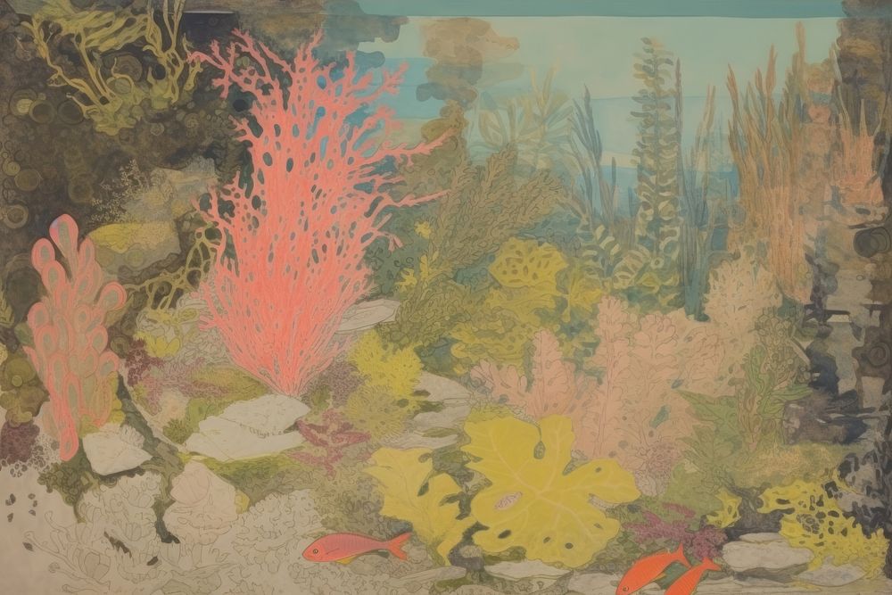 Illustratio the 1970s of underwater outdoors painting nature.