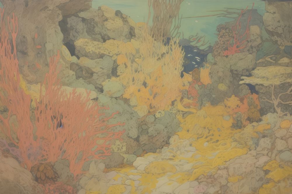 Illustratio the 1970s of underwater textured painting outdoors.