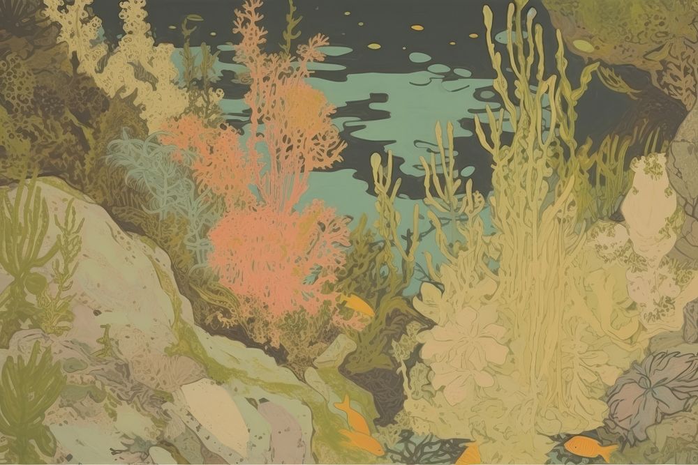 Illustratio the 1970s of underwater outdoors painting nature.