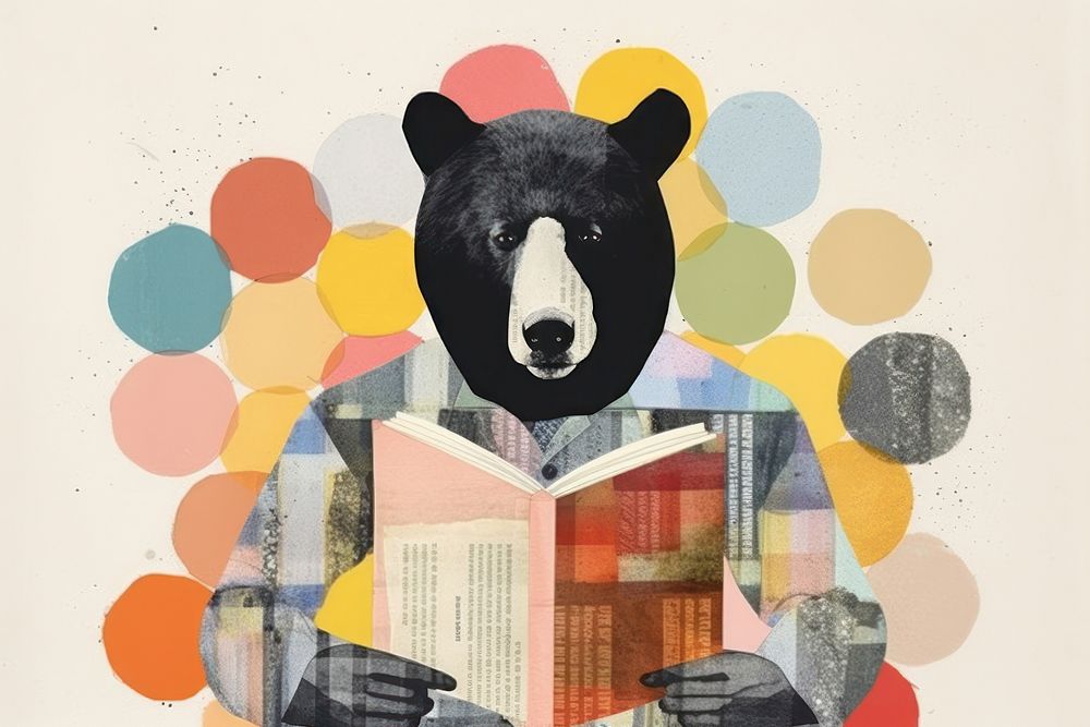 Bear book reading paper collage. 