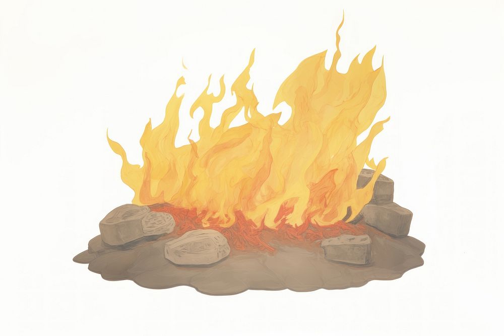 Illustration of flame fireplace bonfire white background.
