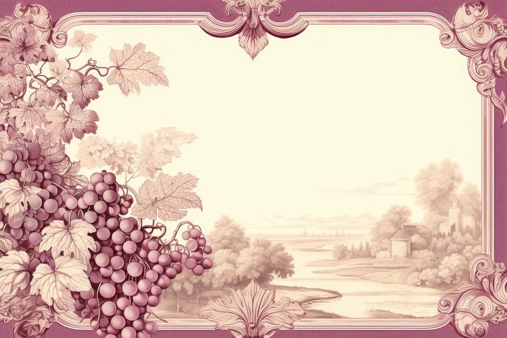 Toile with wine border landscape pattern grapes.