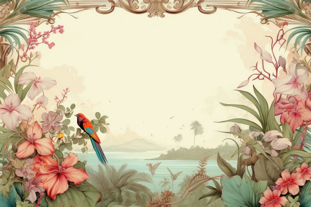 Toile with bird of paradise border outdoors pattern flower.