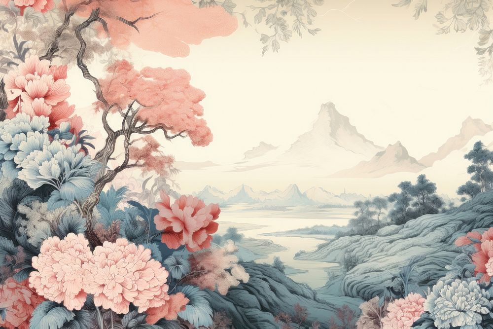 Toile with bloom border landscape painting pattern.