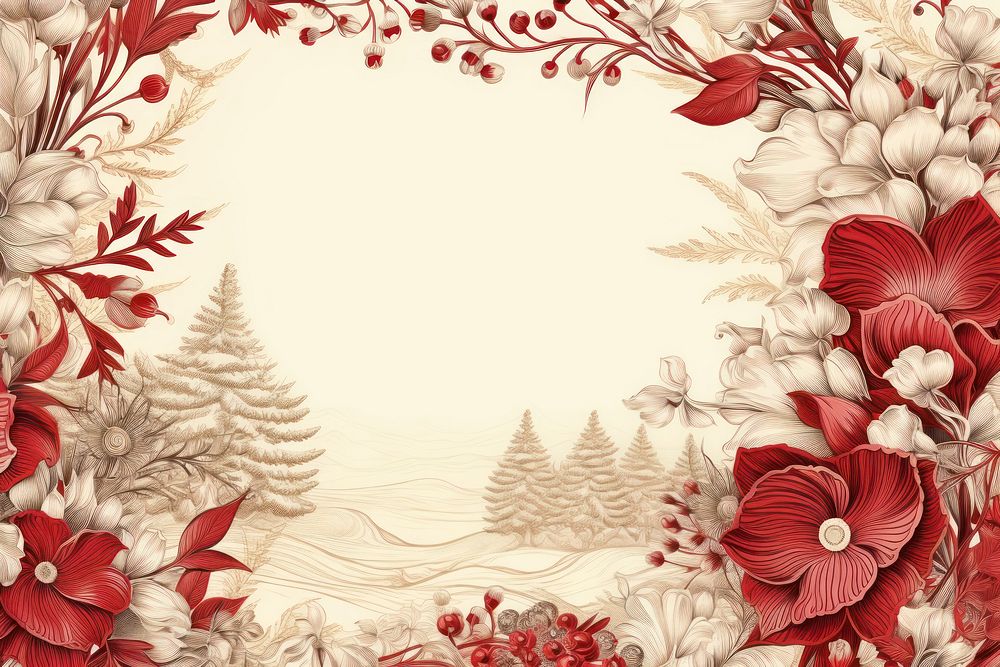 Toile with christmas flower border pattern red backgrounds.