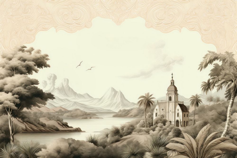 Toile with Church border landscape painting sketch.