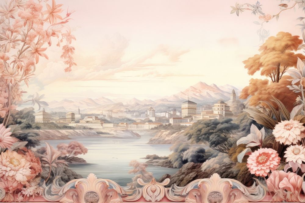 Toile with city border landscape painting flower.