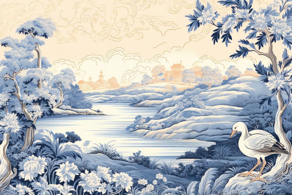 Toile with duck border landscape painting outdoors.