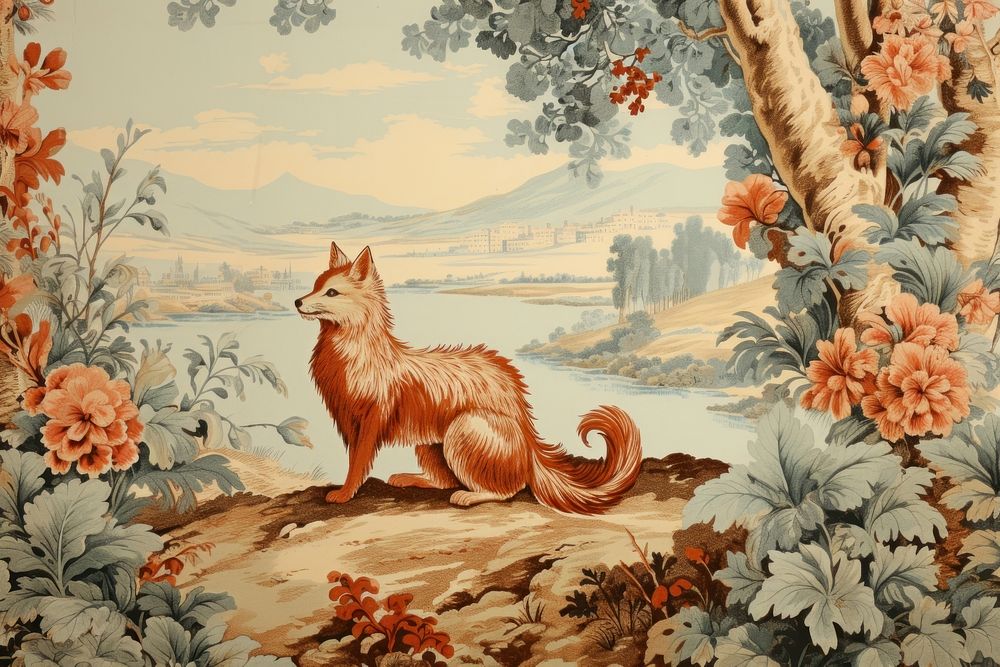 Toile with fox border painting mammal animal.