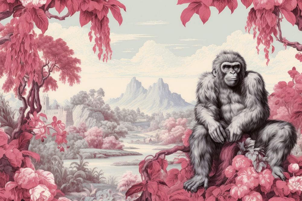 Illustration solid toile with Gorilla border ape monkey mammal.