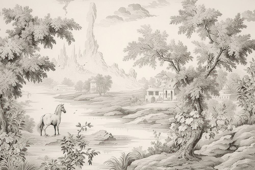 Illustration solid toile with horse border landscape painting drawing.