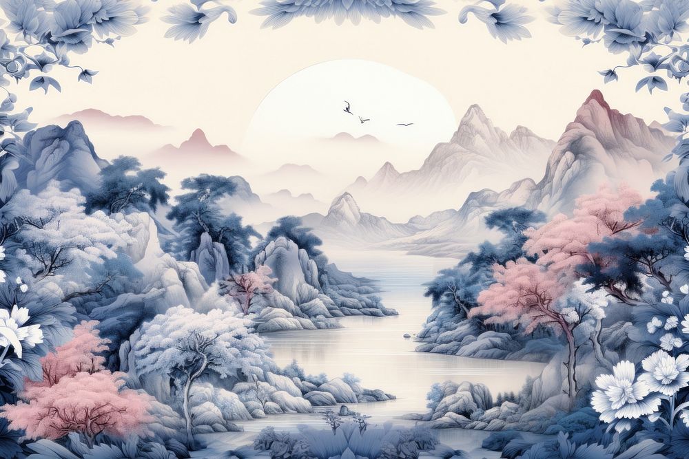 Toile with mountain border landscape outdoors painting.