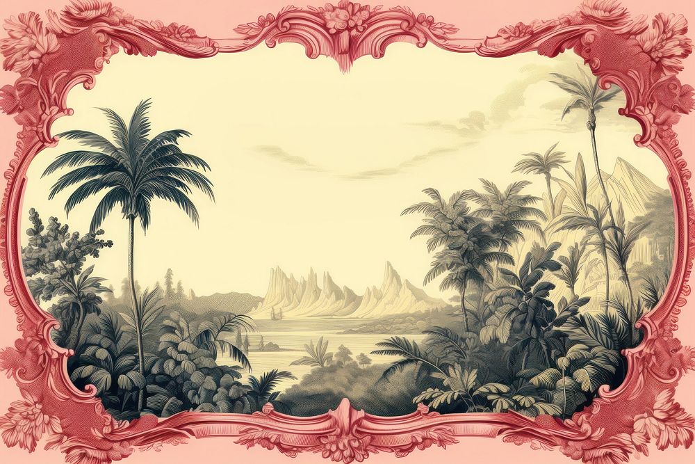 Toile with palm border land painting pattern.