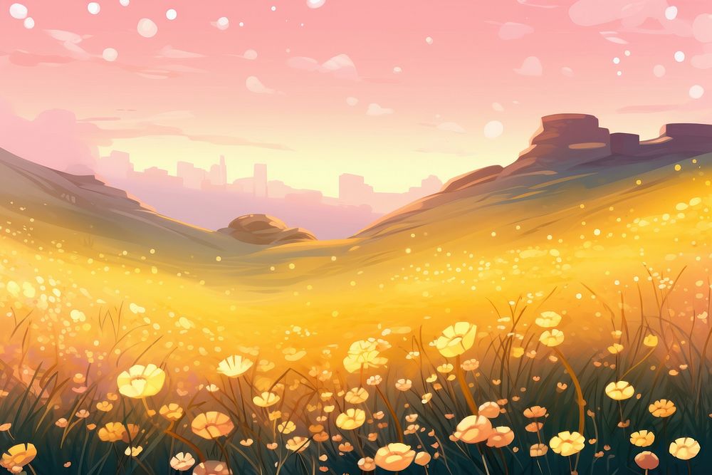Illustration yellow wildflower field landscape grassland outdoors.