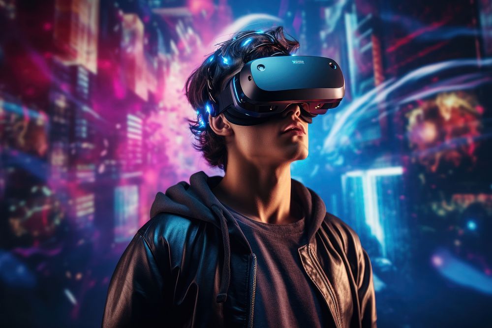 Virtual reality VR goggle technology futuristic architecture.