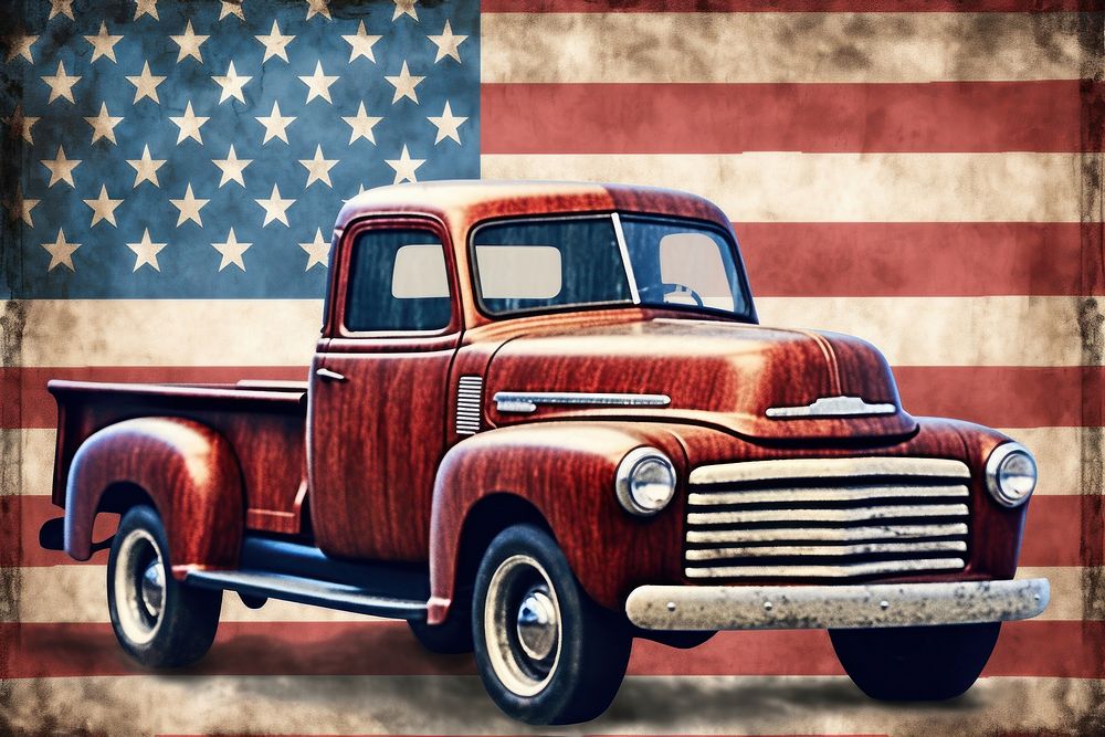 Patriotic American 4th of July Pickup Truck flag truck vehicle transportation.