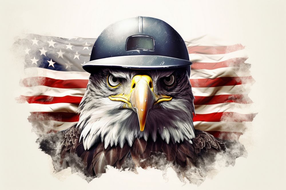 Patriotic head eagle with soldier helmet and American flag bird american flag protection.