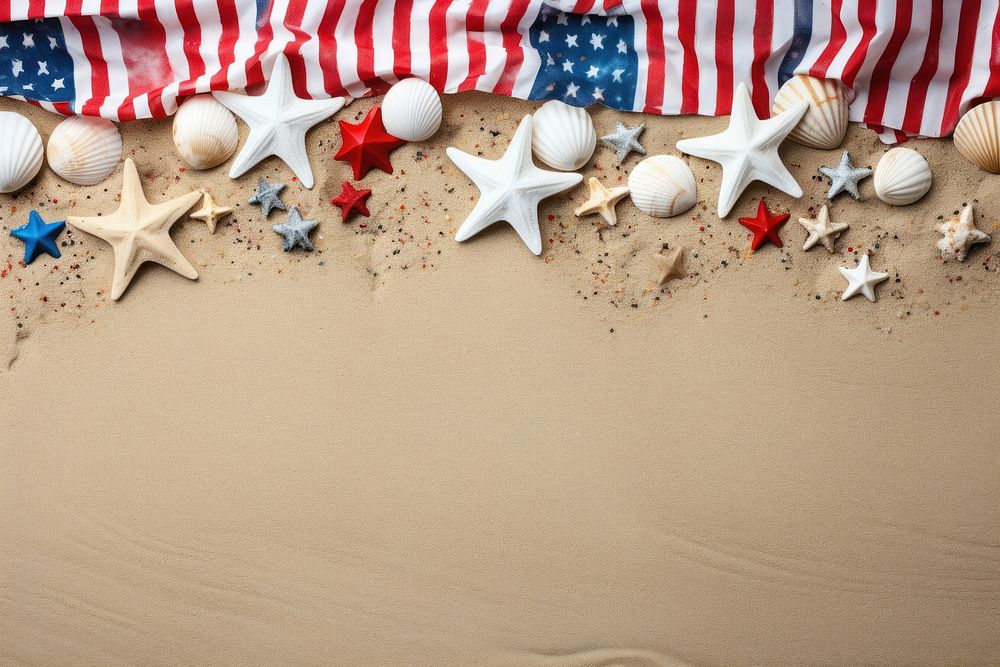 Patriotic USA background with decorations on the sandy beach backgrounds outdoors flag.