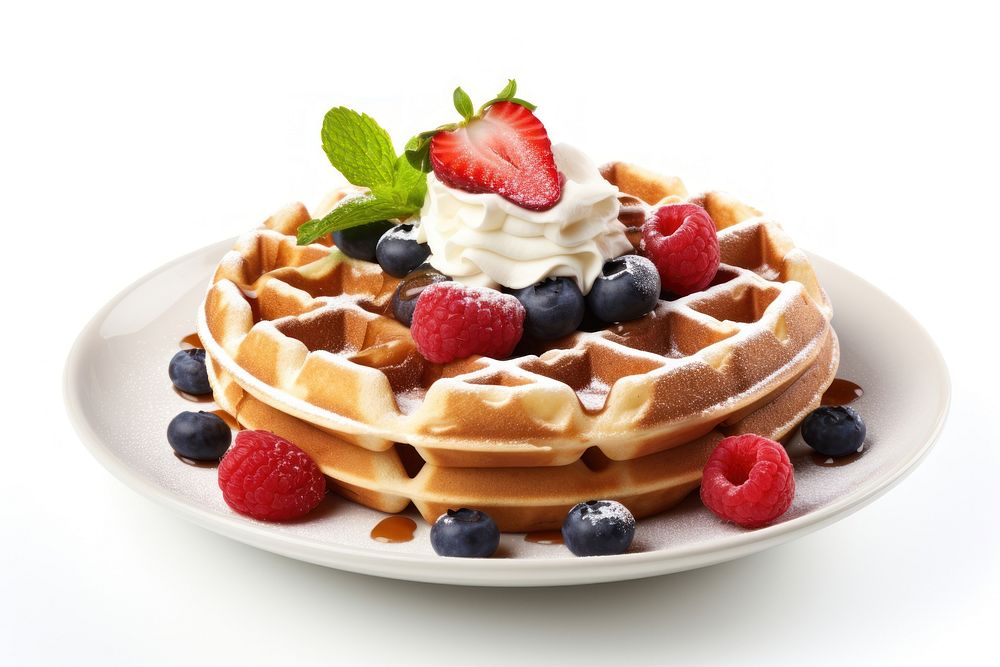 Waffle Breakfast waffle fruit plate. AI generated Image by rawpixel.
