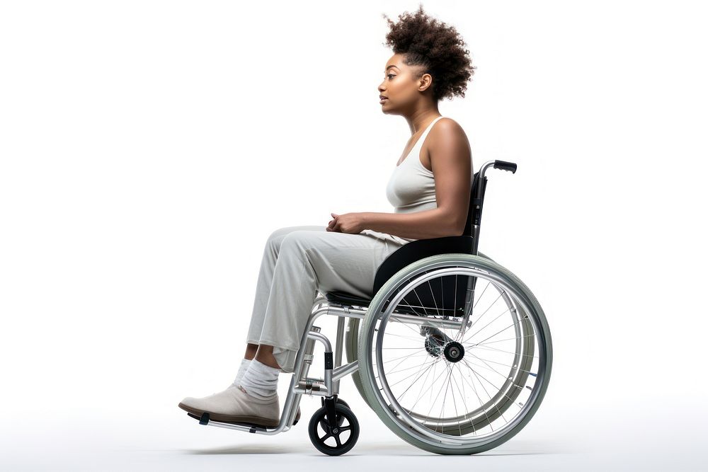 Amputee Afro girl sitting wheelchair adult.