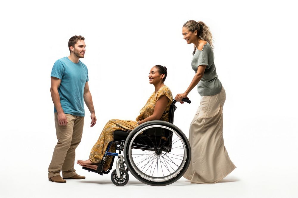 Amputee Caucasian woman pushing sitting adult.