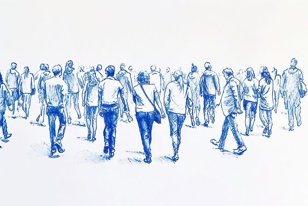 Vintage drawing crowd of people walking border sketch blue togetherness.