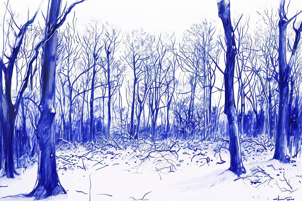 Drawing snow forest sketch outdoors woodland.