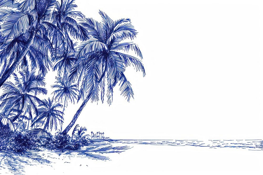 Vintage drawing beach and coconut tree sketch outdoors nature.