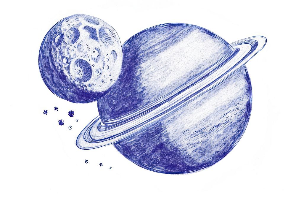 Vintage drawing Saturn and moon space astronomy planet.