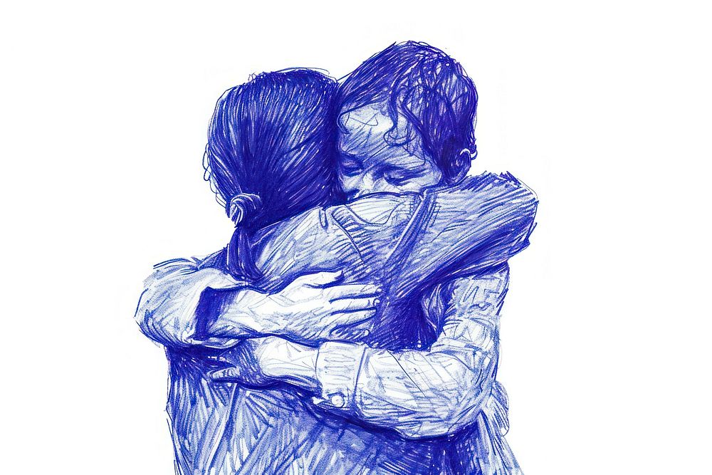 Drawing mother hugging son sketch affectionate togetherness.