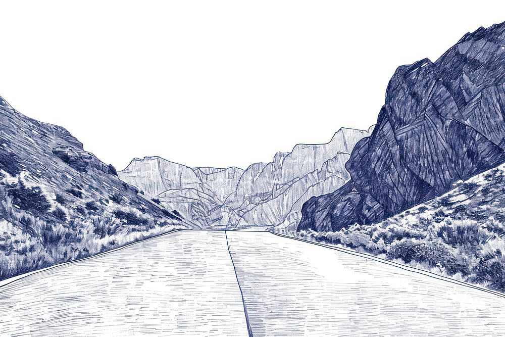 Vintage drawing road and mountain sketch landscape outdoors.