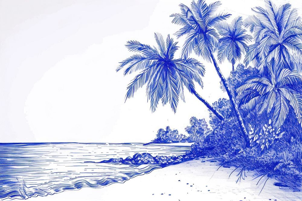 Vintage drawing beach and coconut tree sketch outdoors nature.