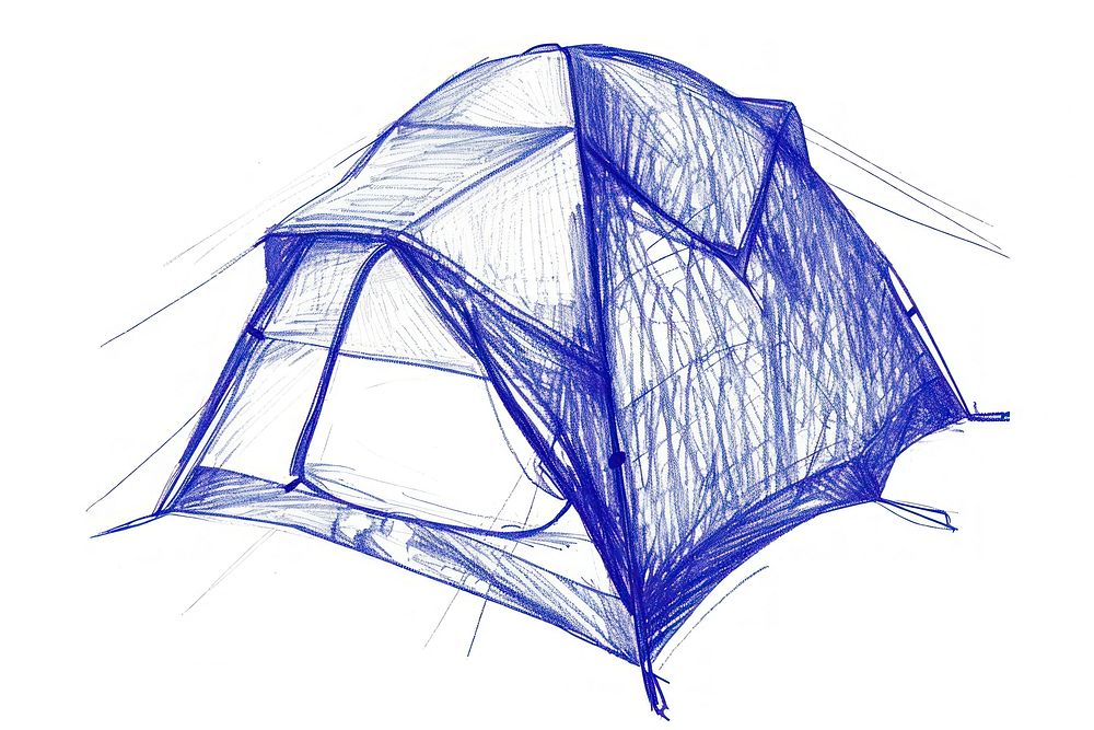 Drawing camping tent sketch paper blue.