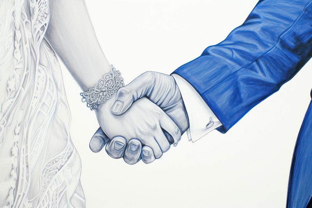 Drawing hand of bride and groom holding together sketch blue togetherness.